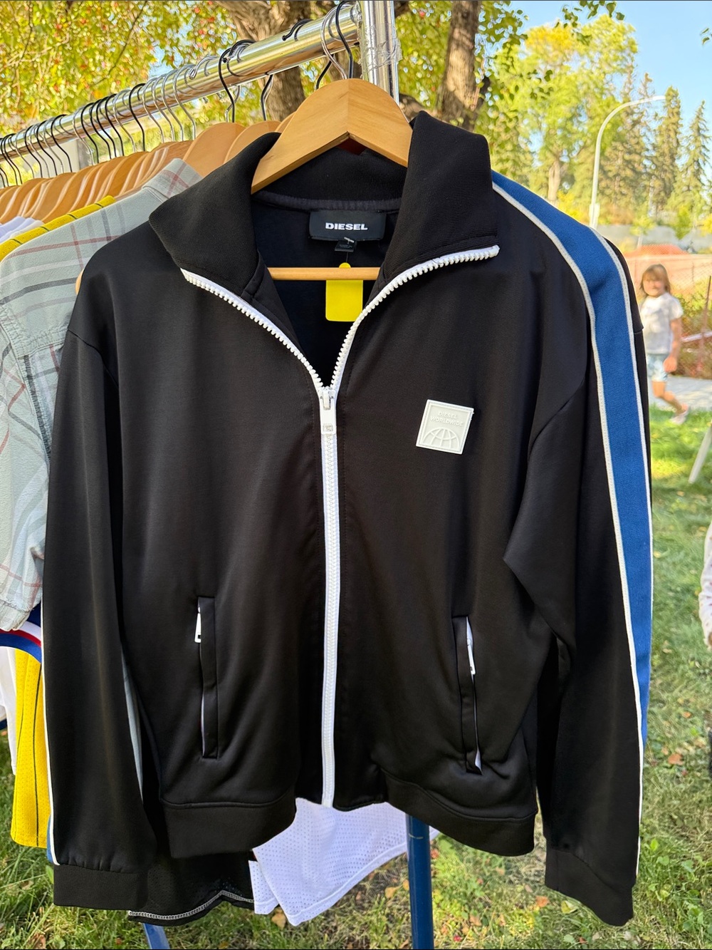 Diesel Black Zip-Up Sweater with Blue Shoulder Stripe